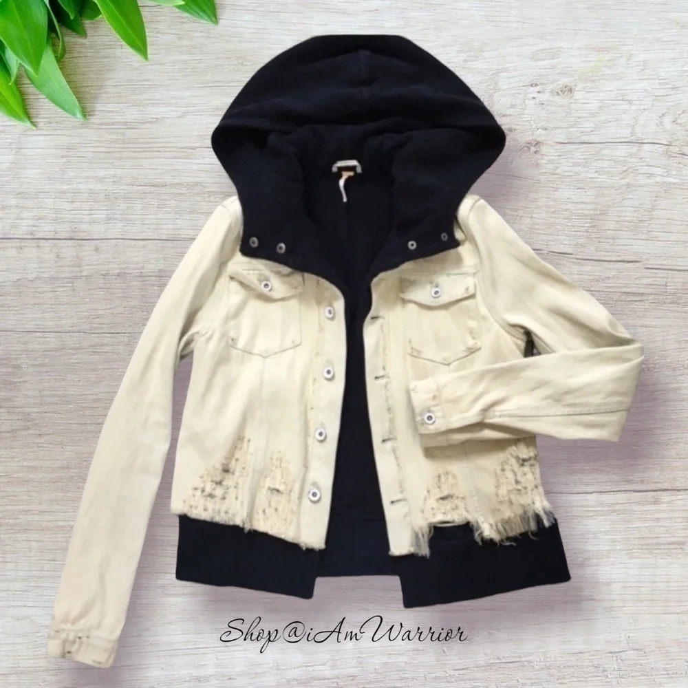 Free People Distressed Cropped Denim Jacket w/ Hooded Layer *shop@iamwarrior - Picture 4 of 10